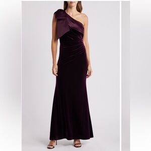 NEW Eliza J Velvet One Shoulder Bow Gown Maxi Dress Aubergine Burgundy size 12
